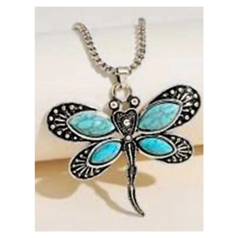 Boho Dragonfly Pendant Inlaid Faux Turquoise Intricate Carved Patterns Necklace